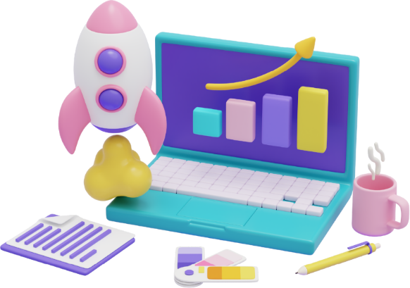 3D illustration of a rocket launching near a laptop with a growth chart, notepad, and coffee cup.