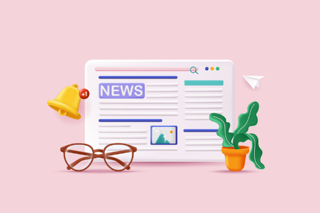 3D illustration of a news website on a screen, with a bell, glasses, and plant against a pink background.
