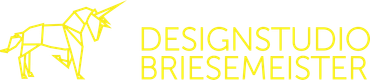 Ein gelbes Logo für ein Designstudio mit einem Einhorn darauf.
