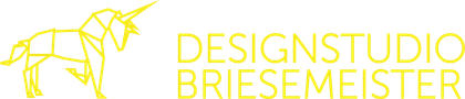 Ein gelbes Logo für ein Designstudio mit einem Einhorn darauf.