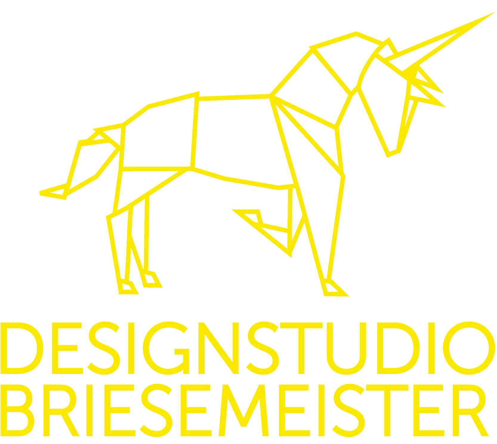 Ein gelbes Origami-Einhorn mit den Worten „Designstudio Brisemeister“ darunter.
