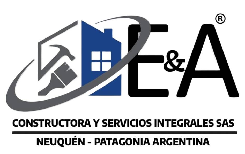 Logotipo para BEA Construcciones SAS con silueta de casa azul, herramientas y un óvalo gris.