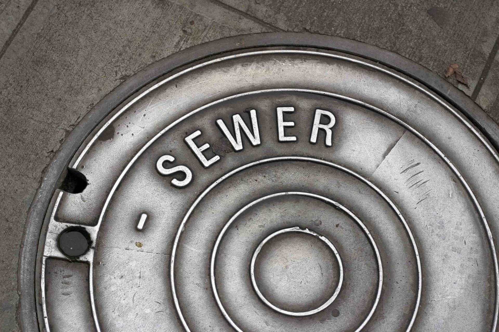 A Manhole Cover With The Word Sewer Written On It — Peoria, IL — Rooter-Matic Sewer Drain and Septic