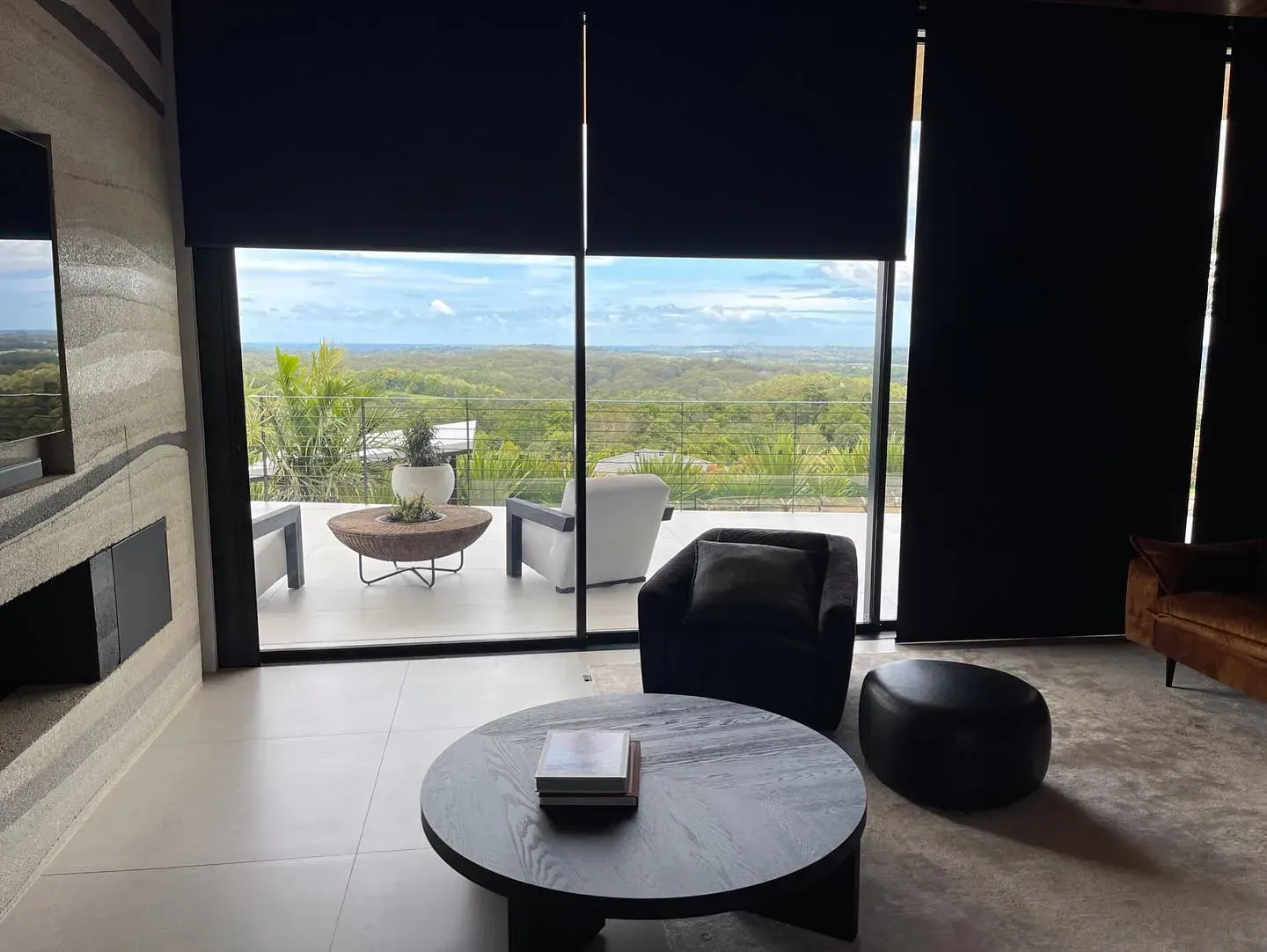 Living Room With Large Windows Overlooking a Scenic Landscape — BlindDESIGN in Byron Bay, NSW