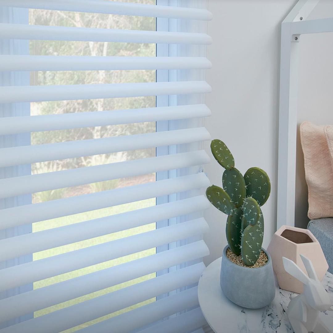 White Layered Window Blinds, Cactus Plant on A Marble Table — BlindDESIGN in Byron Bay, NSW