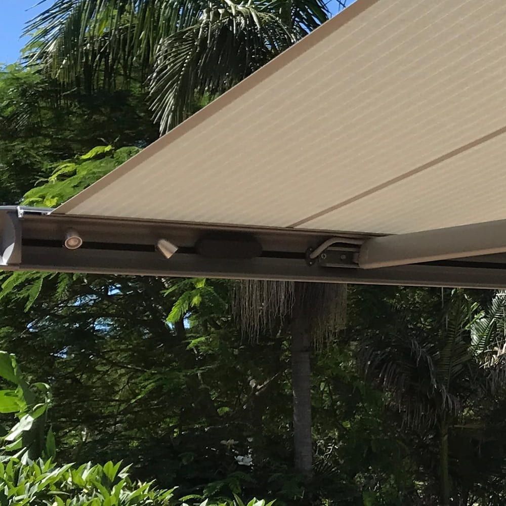 Beige Retractable Awning Over Lush Green Foliage — BlindDESIGN in Ballina, NSW