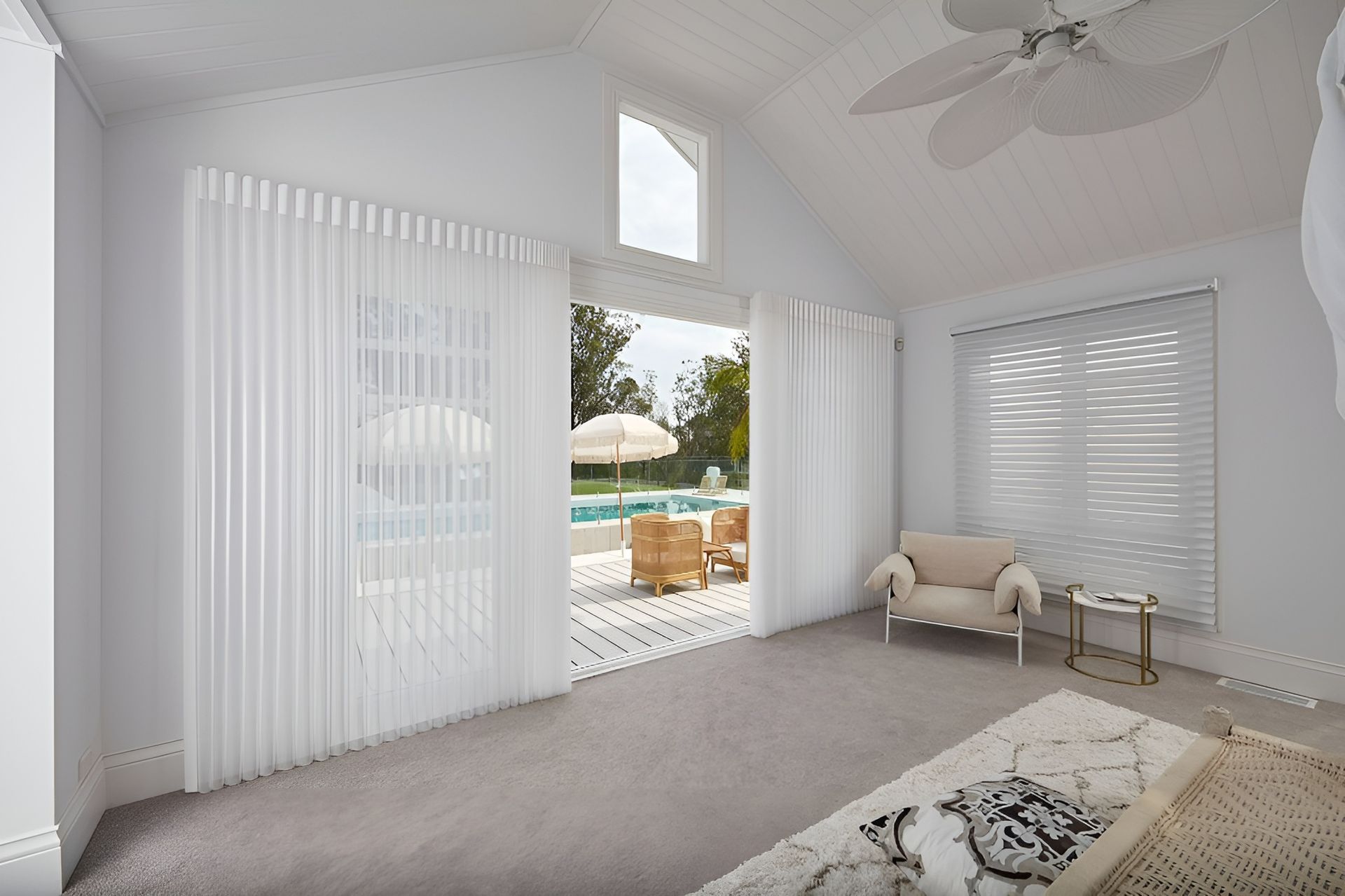White Sheer Vertical Blinds, Chair, and Rug — BlindDESIGN in Byron Bay, NSW