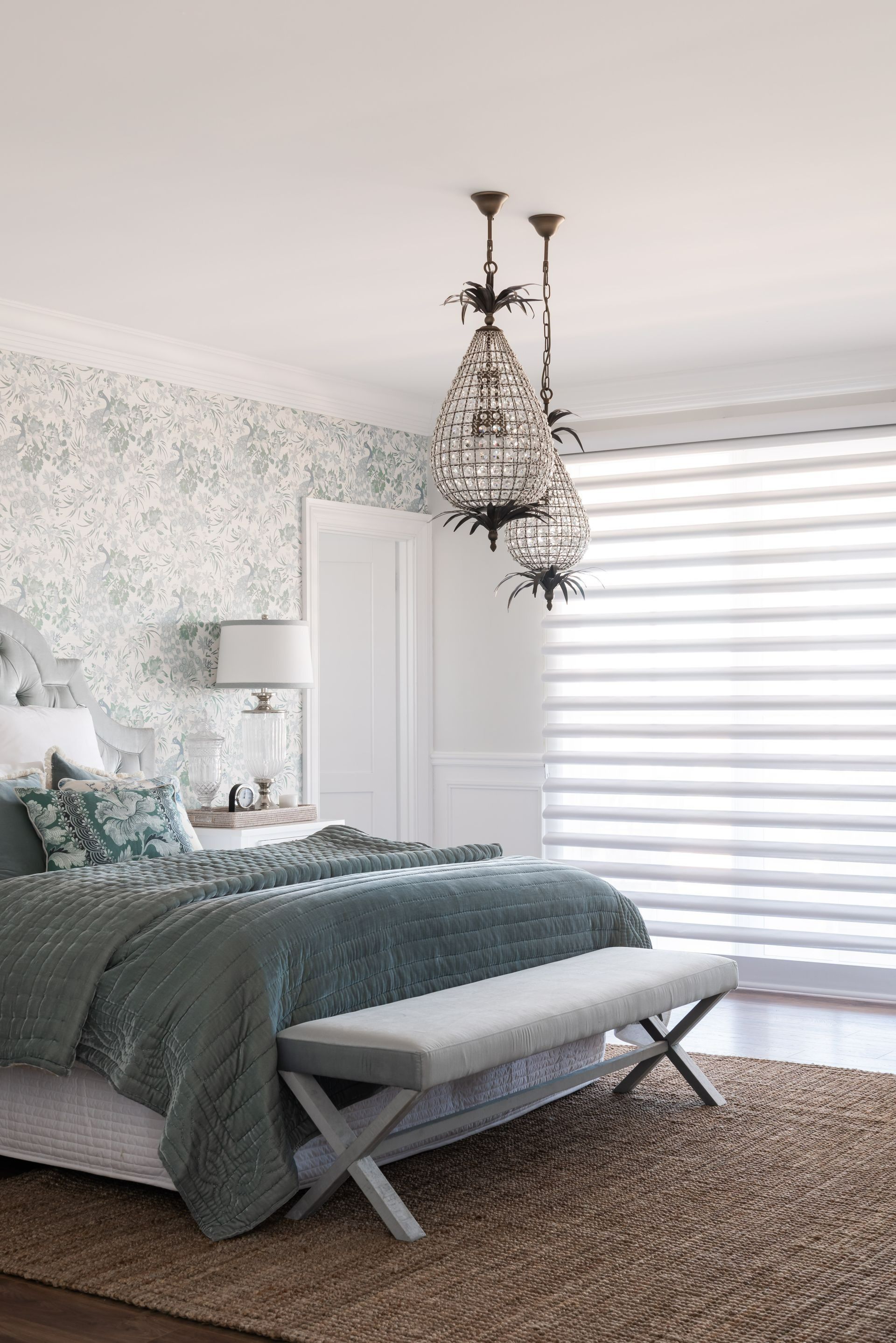 Bedroom with Teal Bedding, Patterned Wallpaper, and Birdcage Pendant Lights — BlindDESIGN in Byron Bay, NSW