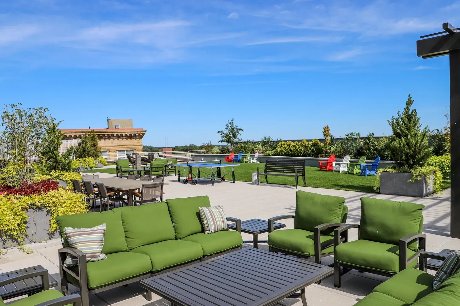 Outdoor lounge seating at One City Center in Durham, North Carolina