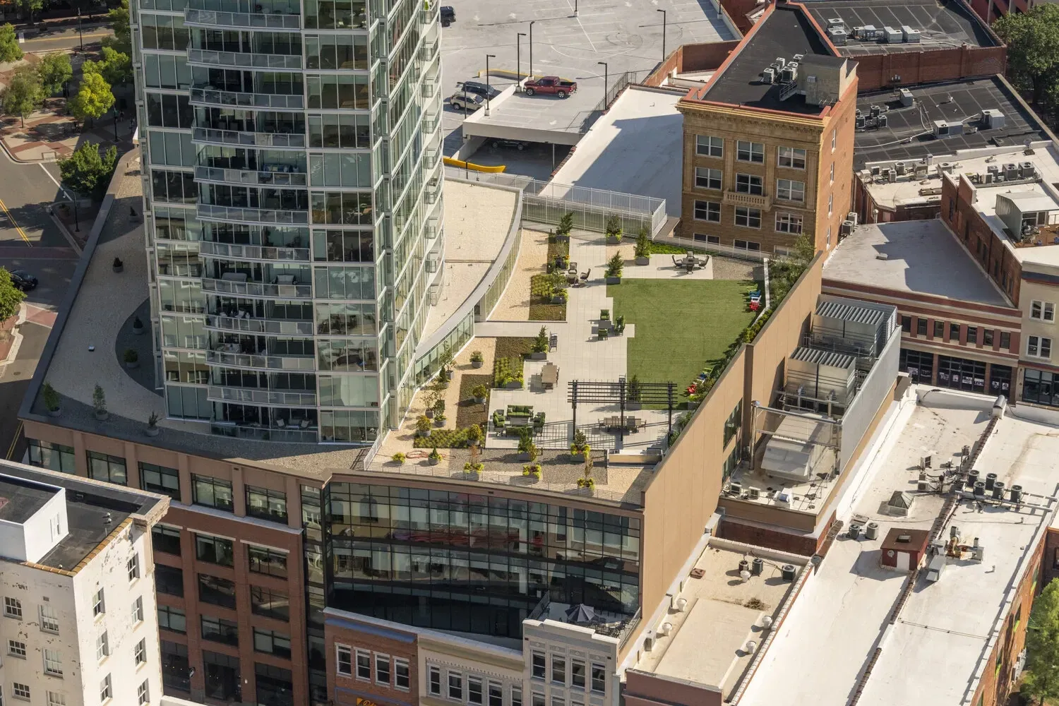 Aerial view of the terrace at One City Center in Durham, North Carolina