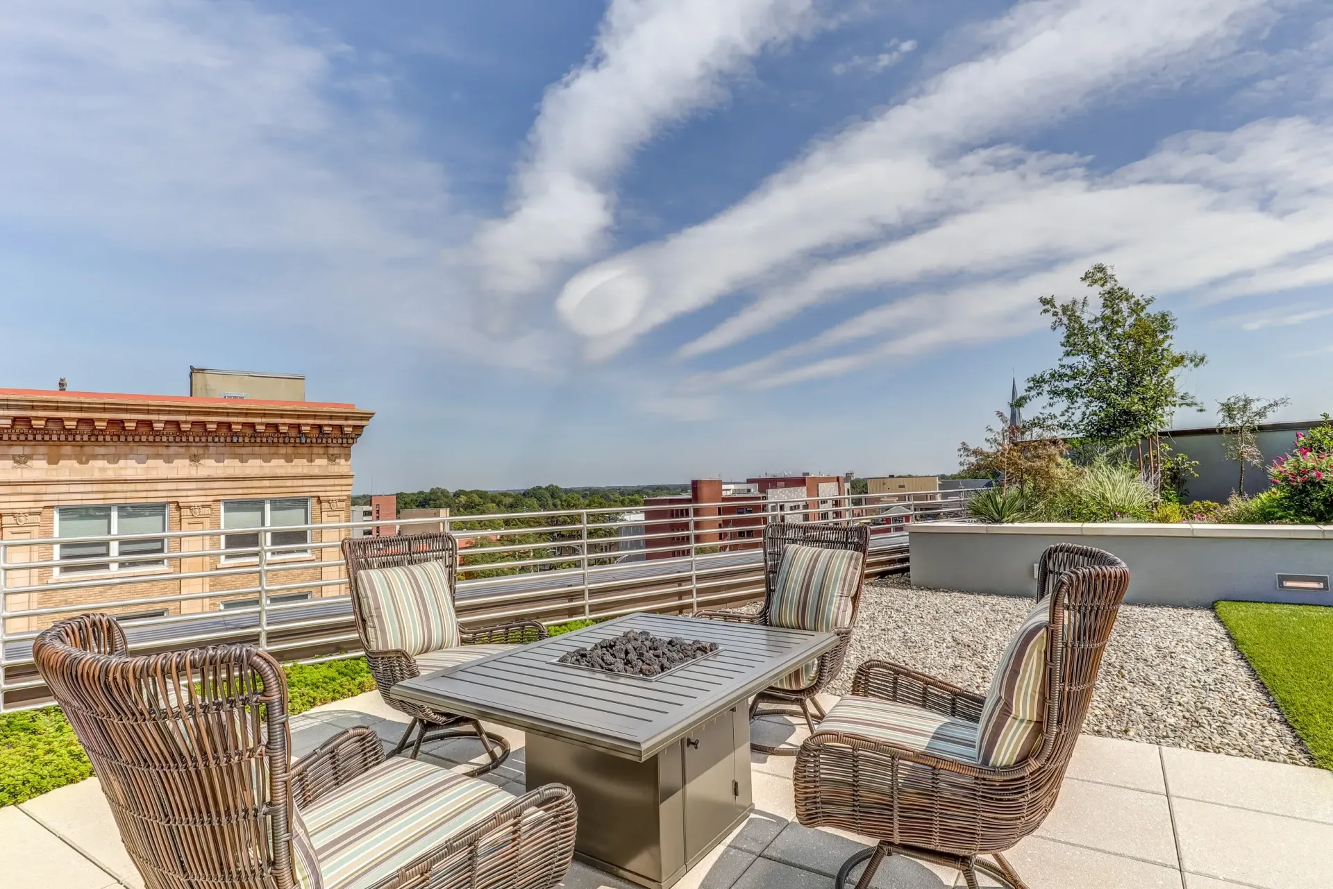 Firepit with skyline views at One City Center in Durham, North Carolina