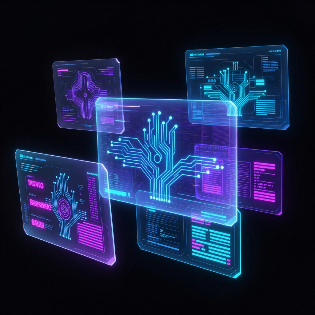 Glowing neon holographic data panels with circuit-tree icons in purple, blue, and pink on a dark background