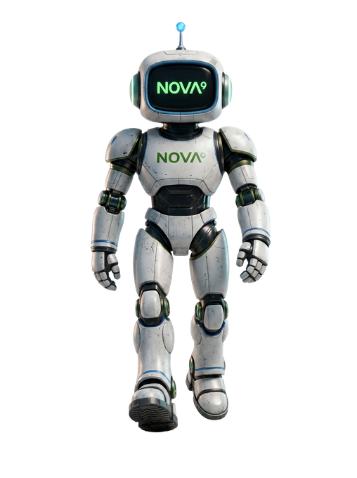 White humanoid robot with a black visor display labeled “NOVA,” standing on a white background