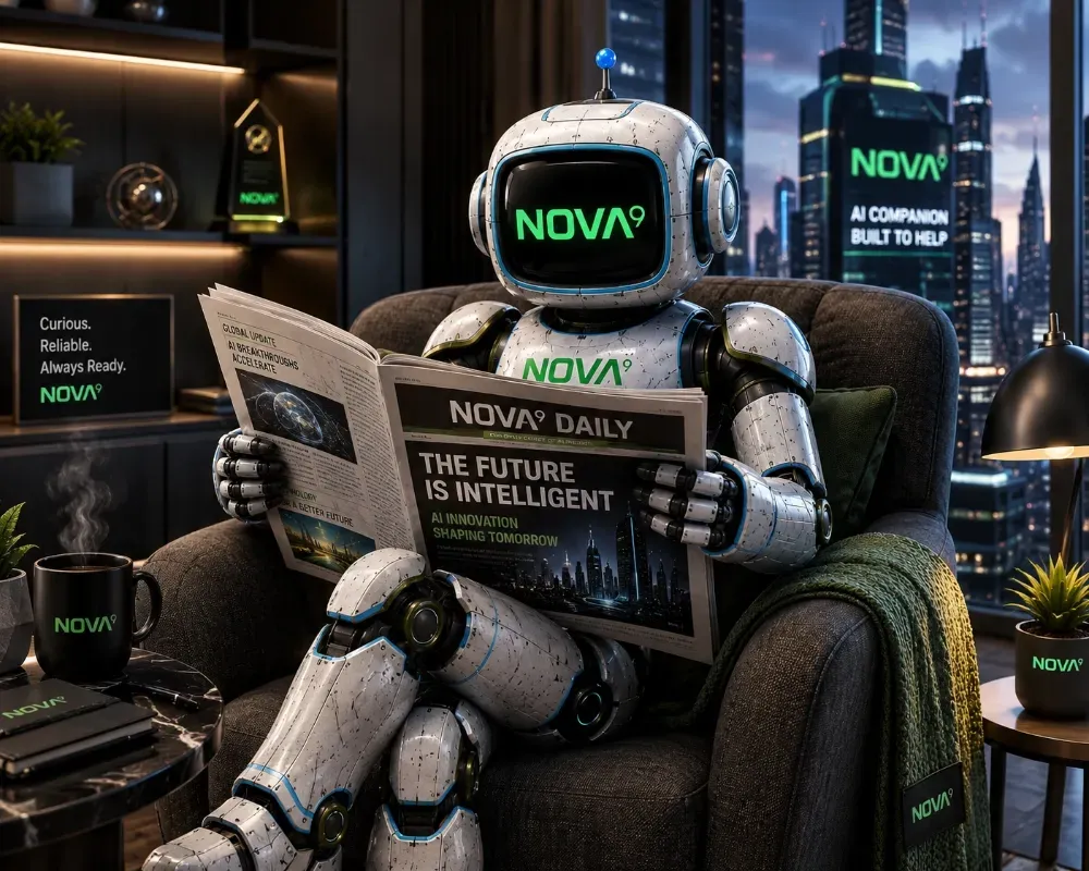 Robot reading a newspaper in a futuristic city lounge, with neon NOVA branding and a city skyline behind.
