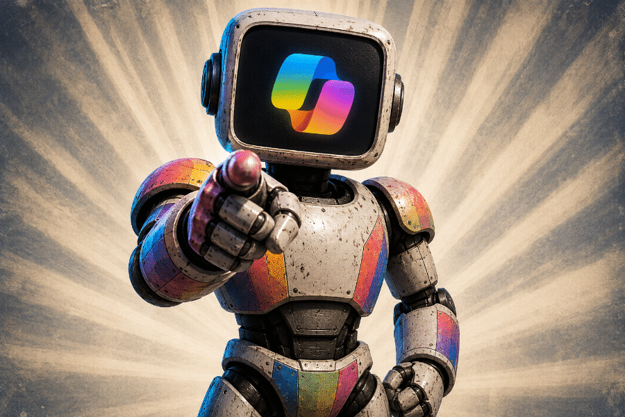 Colorful robot pointing forward with glowing screen face and radiant background