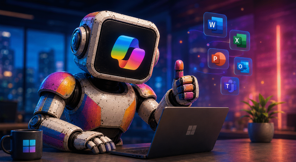 A futuristic office with neon lights and a Microsoft Copilot AI hologram.