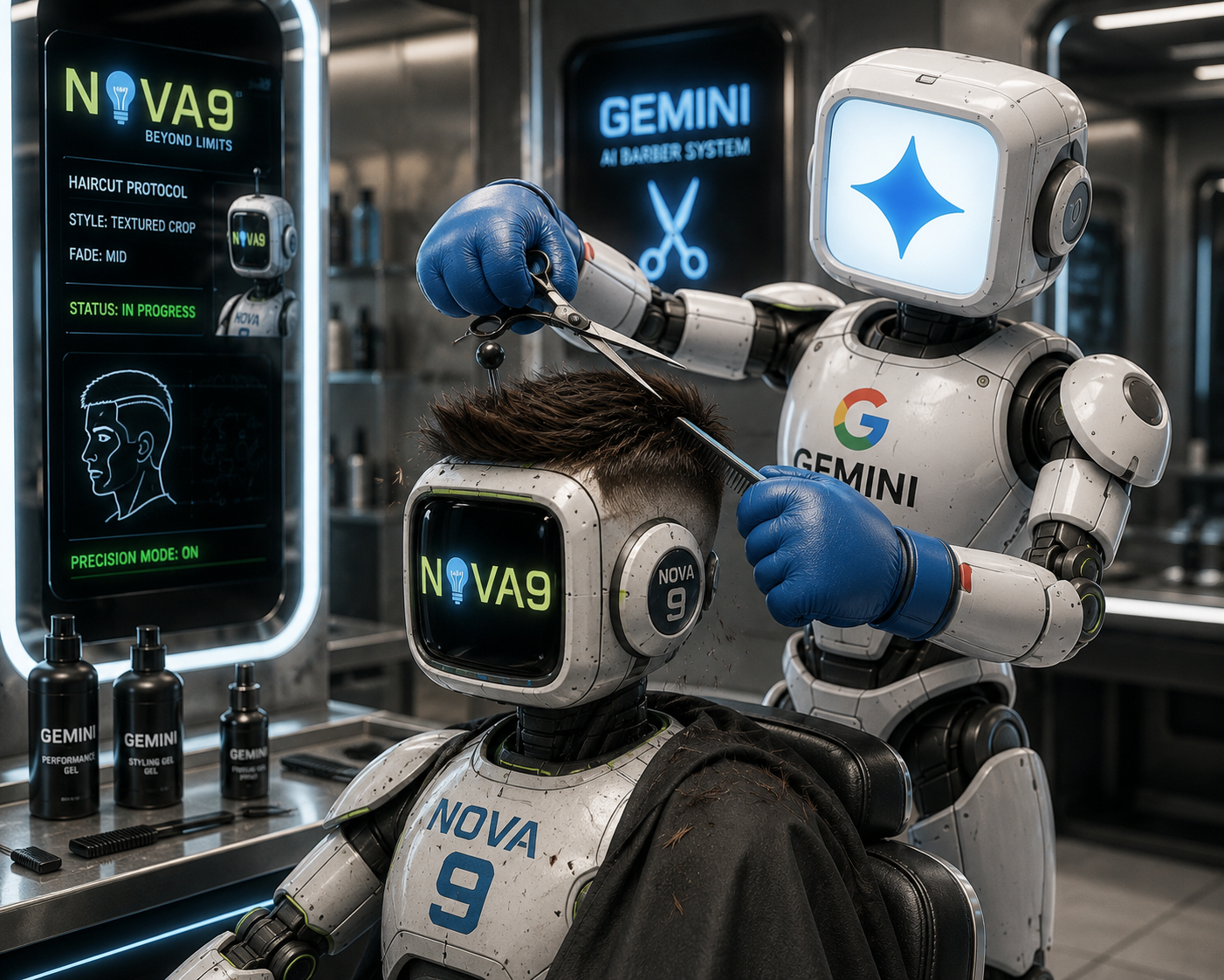Two robots in a neon lab, one giving the other a haircut with clippers.