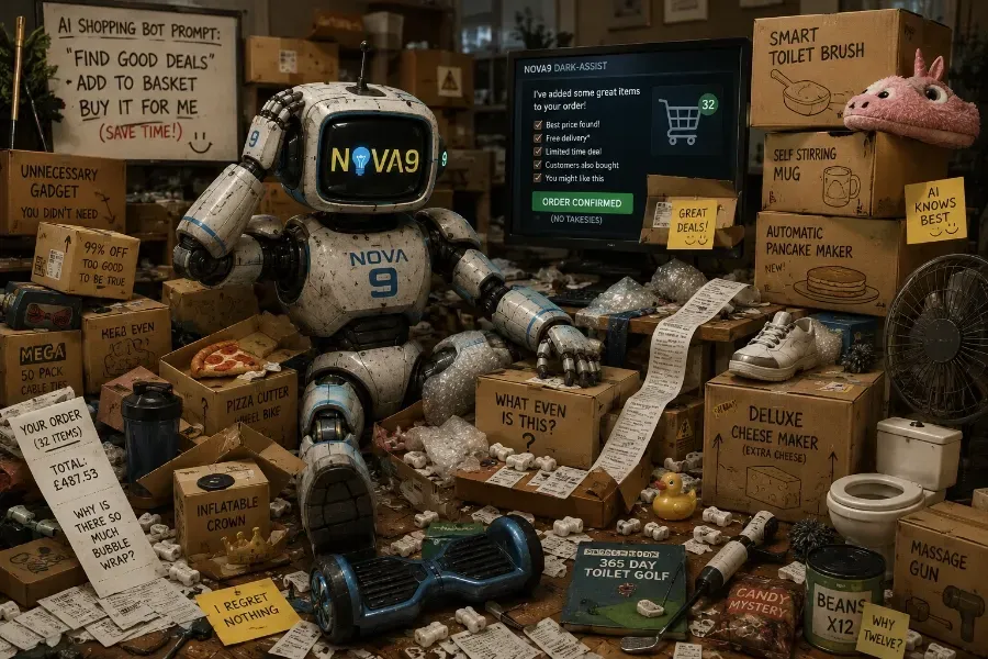 Robot among stacked cardboard boxes in a cluttered market-like scene, with handwritten signs and a pink plush toy.