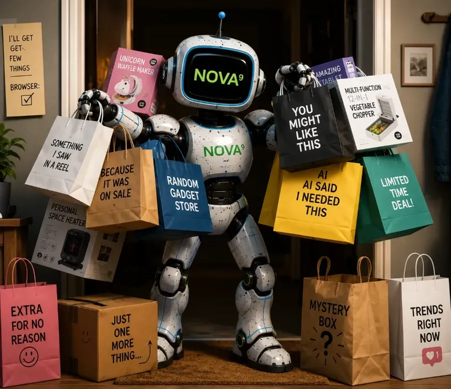 Nova9 robot carrying colourful shopping bags filled with AI-recommended products