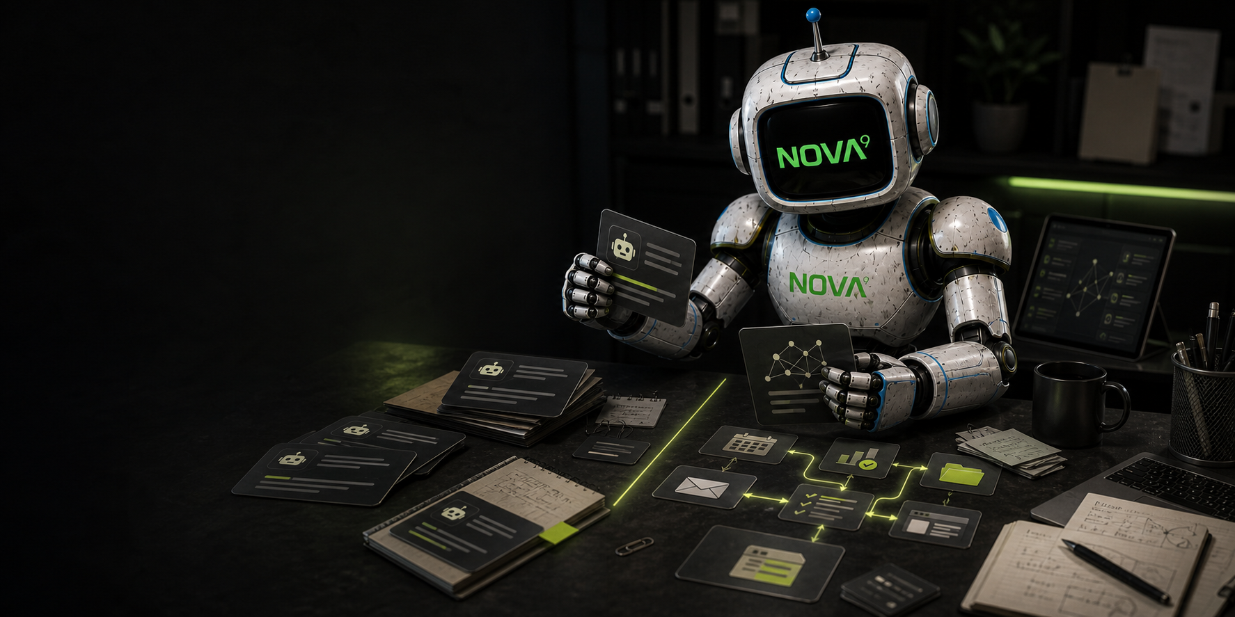Green ChatGPT robot mascot with a screen face and glowing logo, flexing arms beside the ChatGPT wordmark
