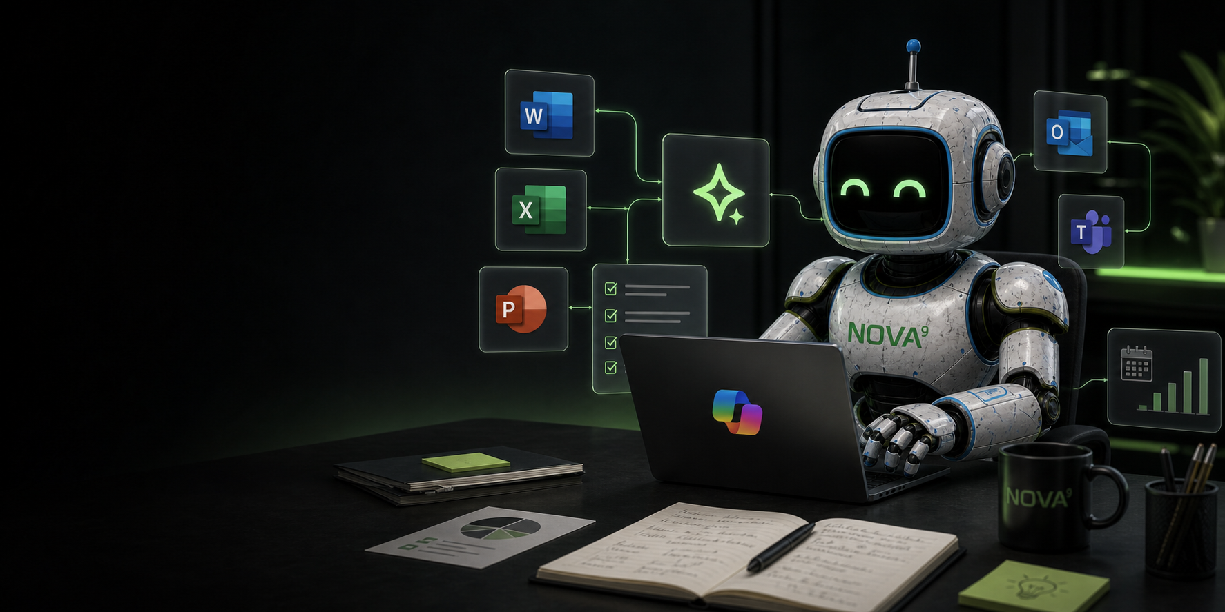 A futuristic office with neon lights and a Microsoft Copilot AI hologram.