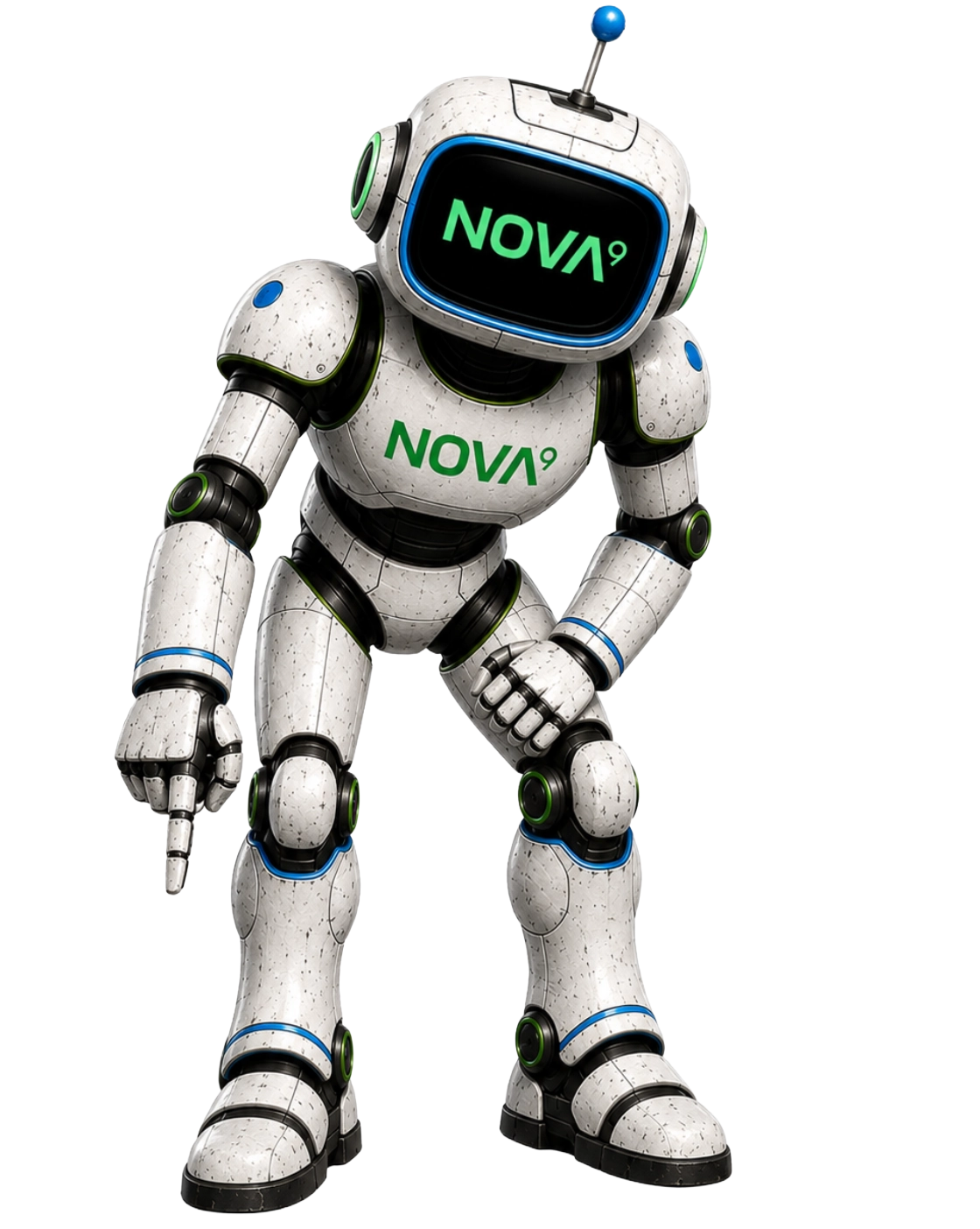 Small silver robot standing on a black background with a digital green display on its face.