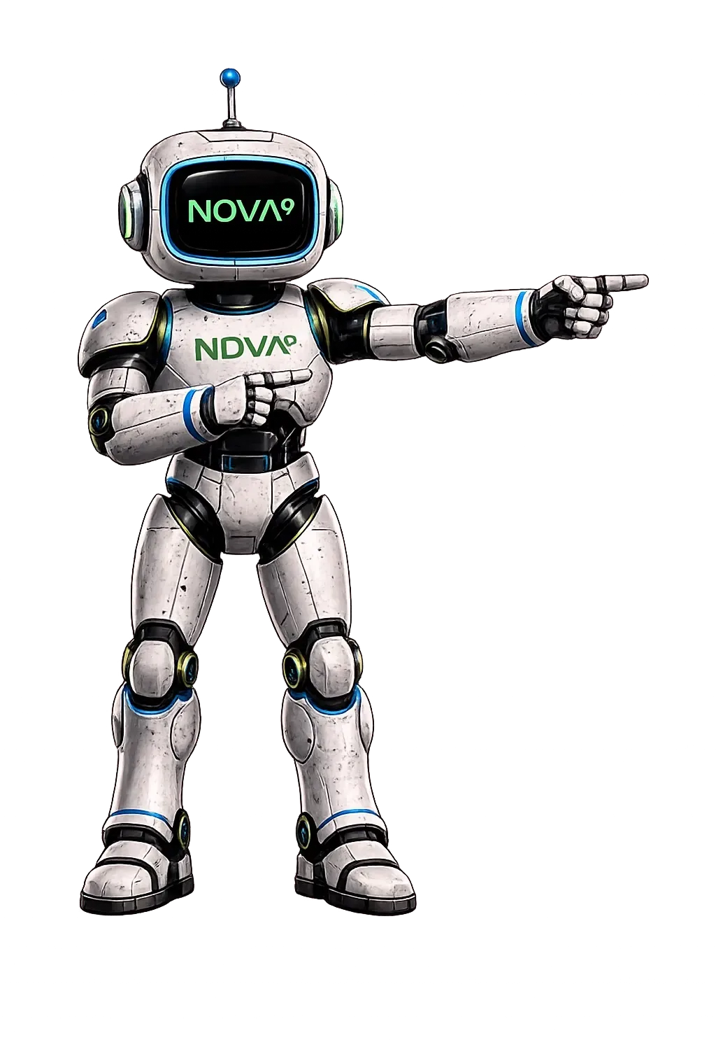 Cartoon silver robot with a glowing black screen pointing right on a dark background