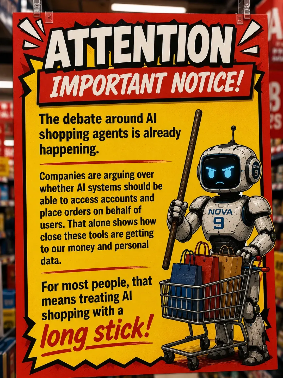 Bold red and yellow attention poster warning that the debate around AI shopping agents is already happening