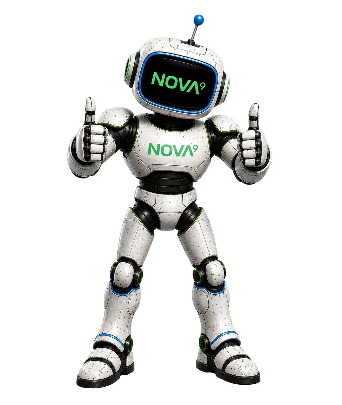 White humanoid robot with black visor and blue accents, standing and giving two thumbs up