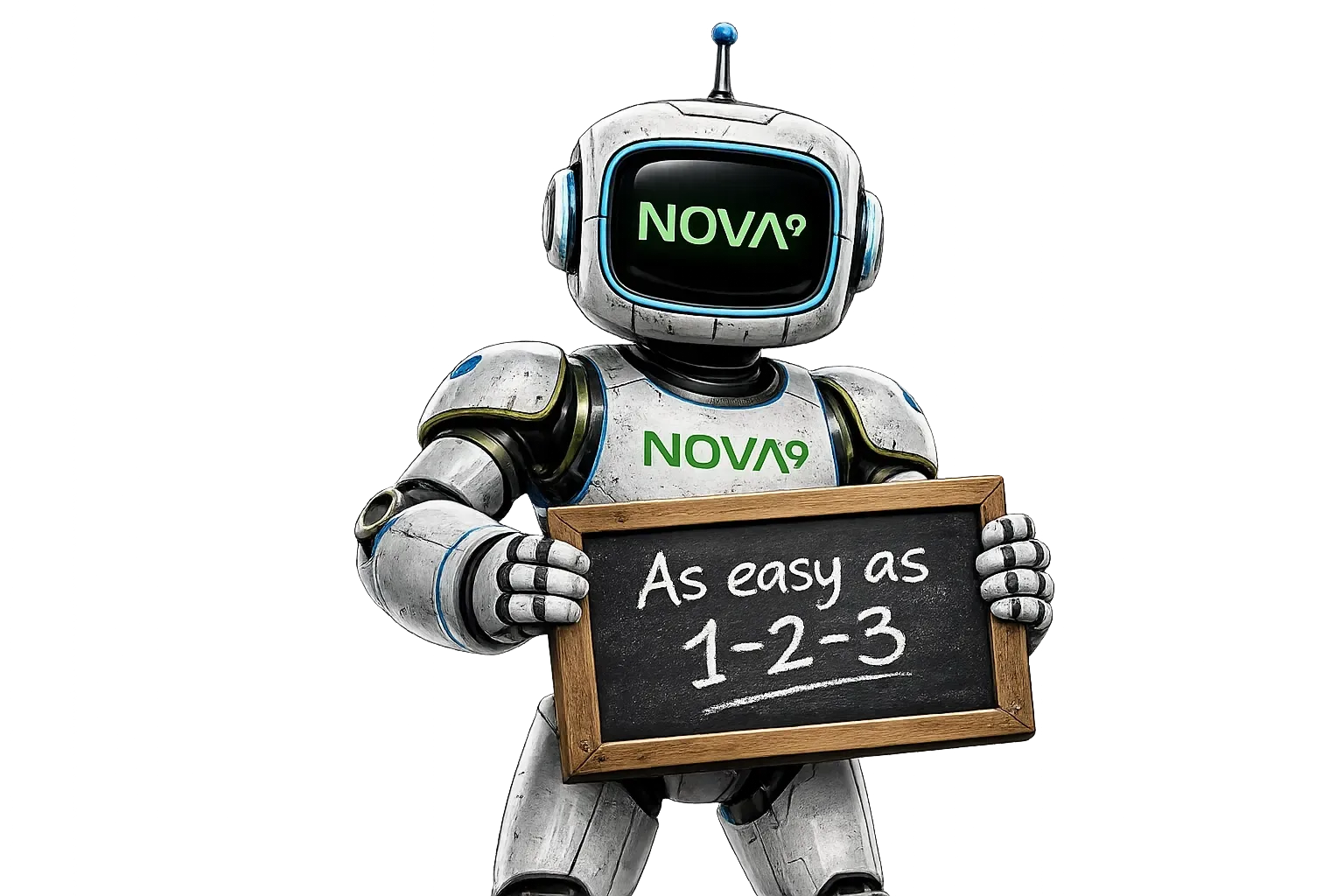 Small silver robot standing on a black background with a digital green display on its face.