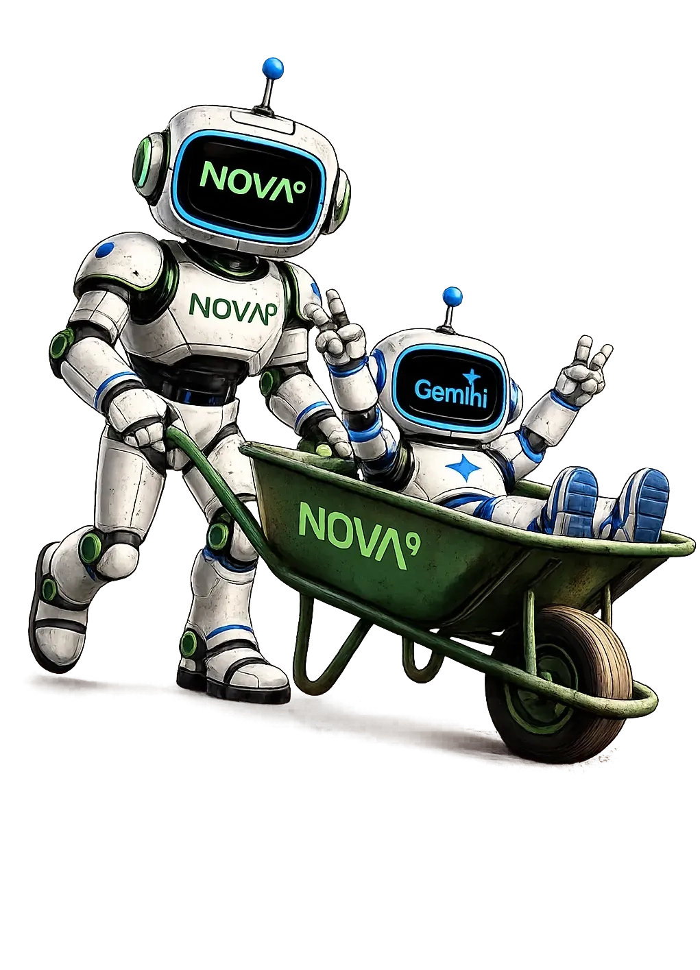 Two white service robots with green screens push a wheelbarrow of blue bottles, one labeled “NOVA.”
