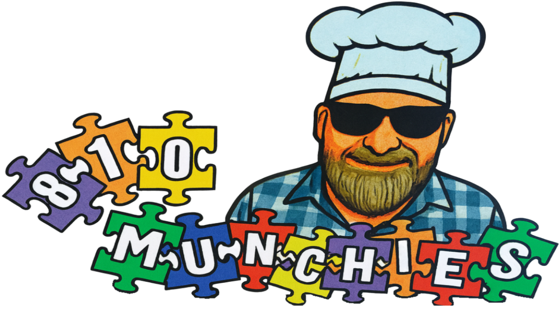 Chef with sunglasses and a beard, puzzle pieces spelling 