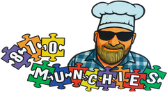 Chef illustration with sunglasses and beard, next to white text: "Bim Munchies."