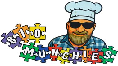 Chef with sunglasses and a beard, puzzle pieces spelling 