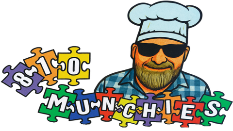 Chef illustration with sunglasses and beard, next to white text: "Bim Munchies."