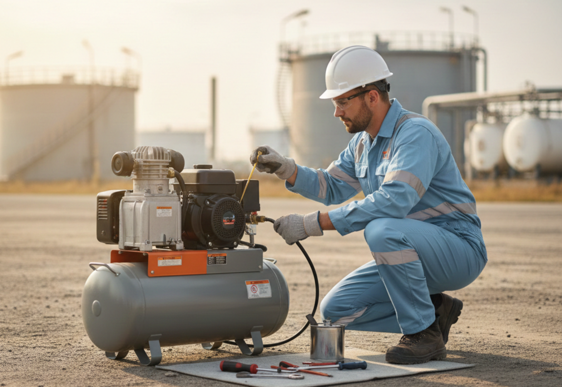 Man in work attire inspecting an air compressor outdoors, with storage tanks in the background.