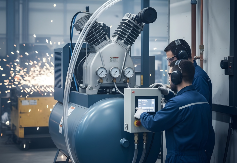 Technicians operating an air compressor