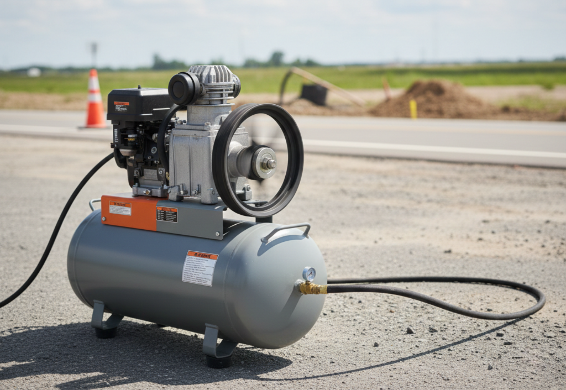 Gray and orange air compressor on asphalt next to a road, outdoors.