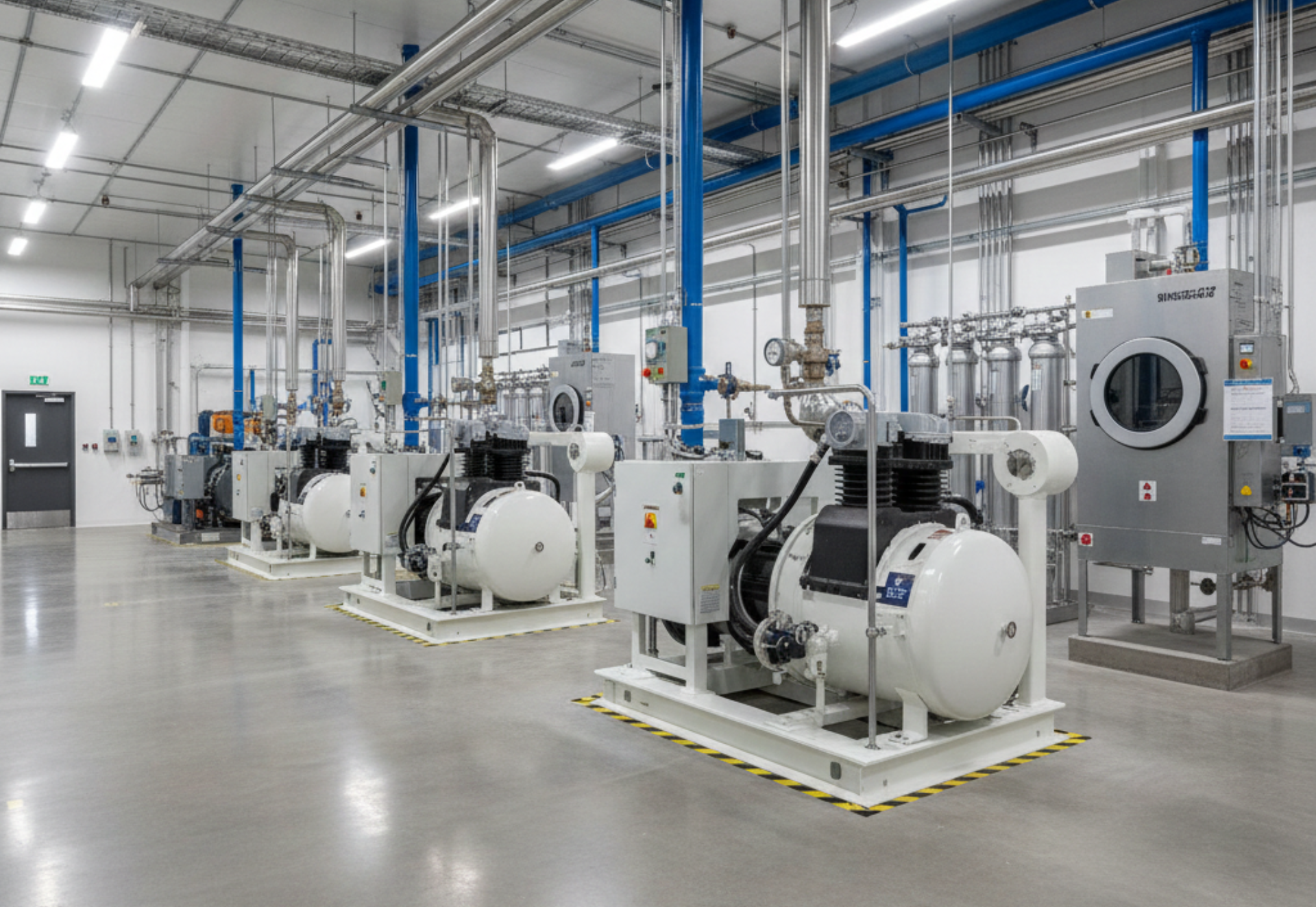 Industrial facility with several large, white machines and pipes. Gray concrete floor, white walls and ceiling.