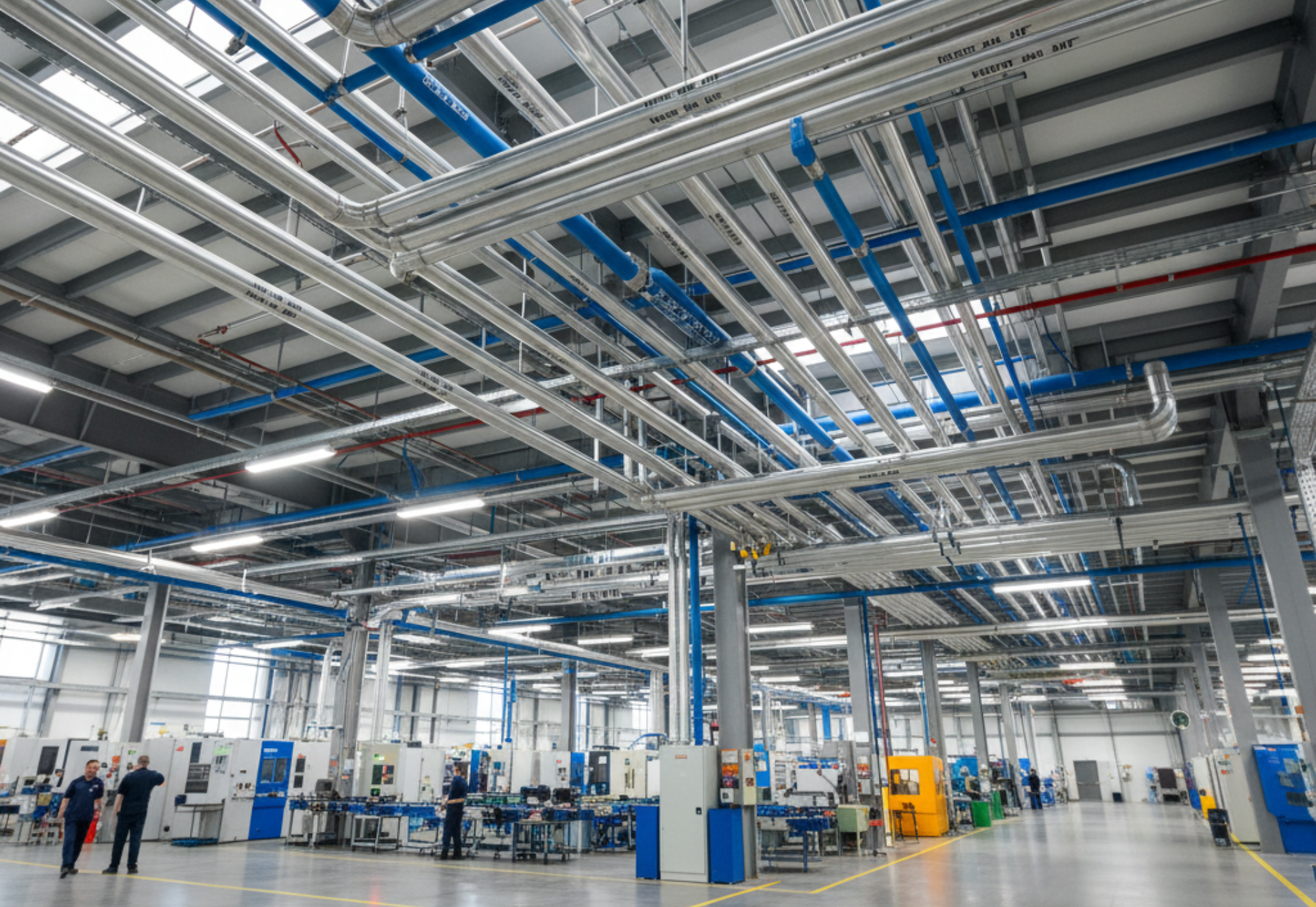 Large factory interior with overhead pipes, machinery, and workers.