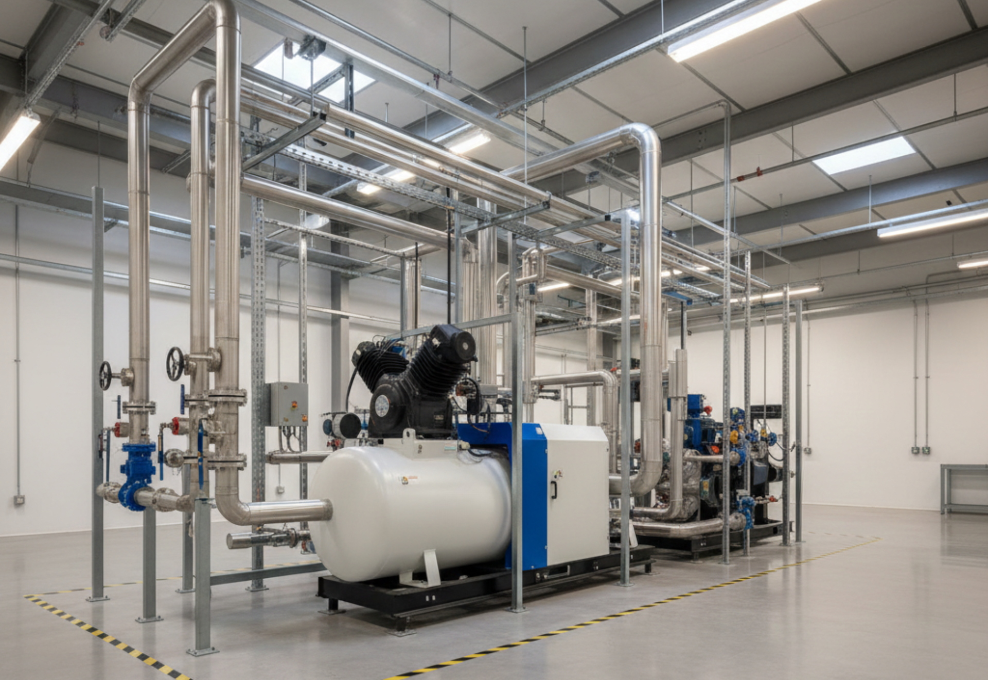 Industrial facility with pipes and tanks, likely for cooling or processing, inside a bright, empty room.