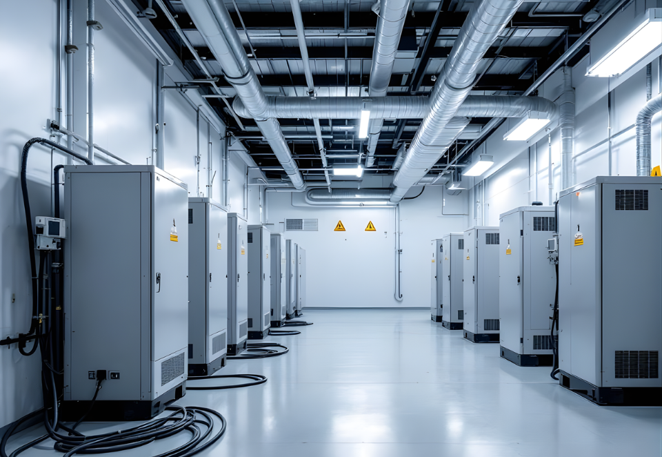 Modern industrial facility with large HVAC and ventilation systems, electrical cabinets, and metal ducts inside a clean, well-lit control room.