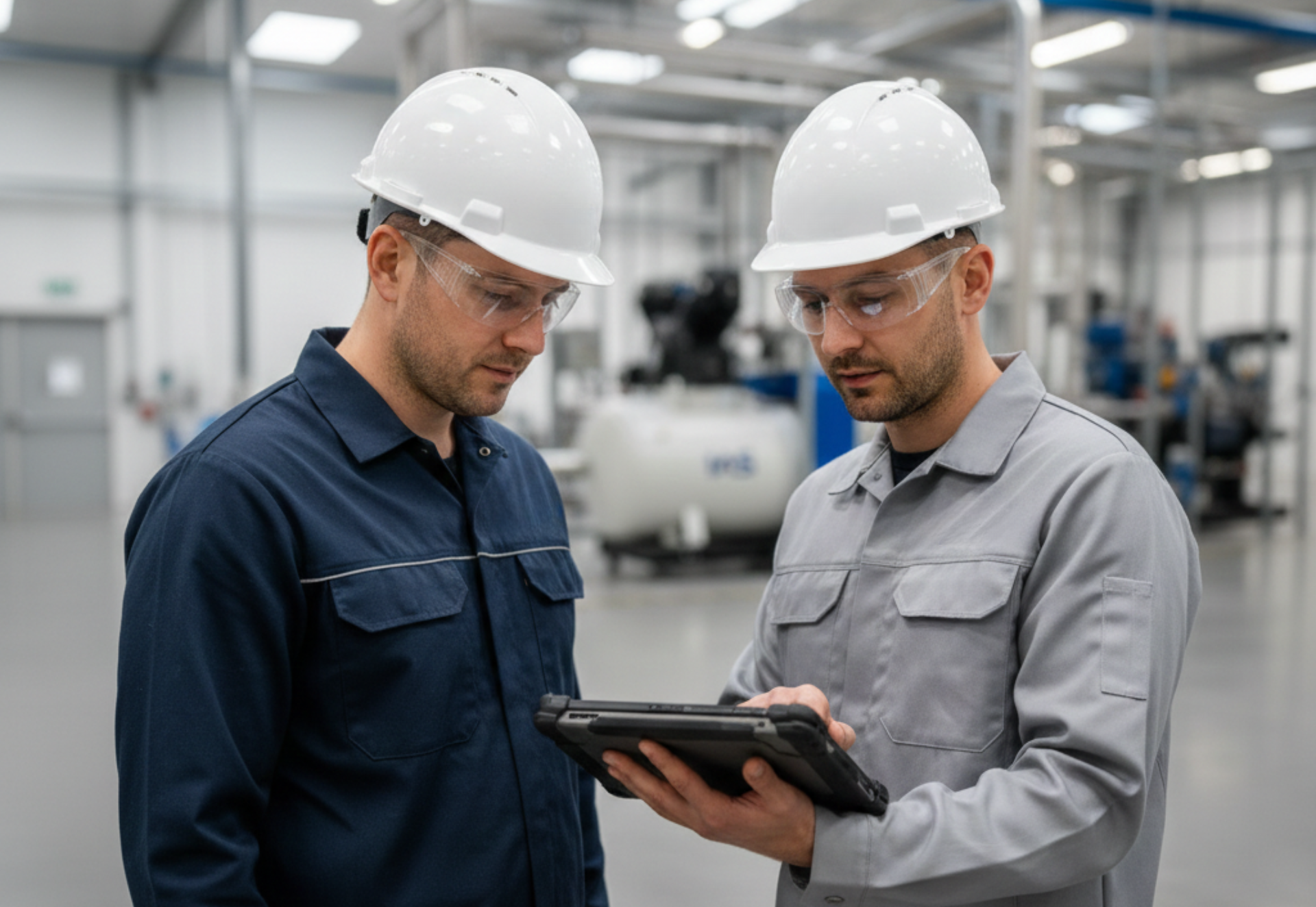 Two workers in hard hats and safety glasses look at a tablet in a factory setting.