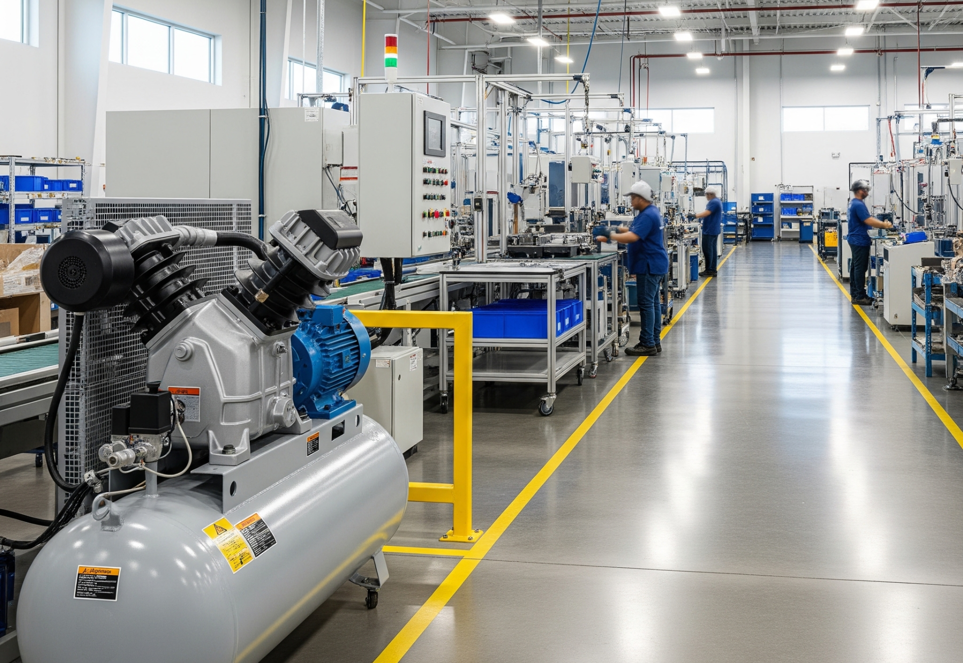 Factory assembly line with workers, an air compressor, and equipment.