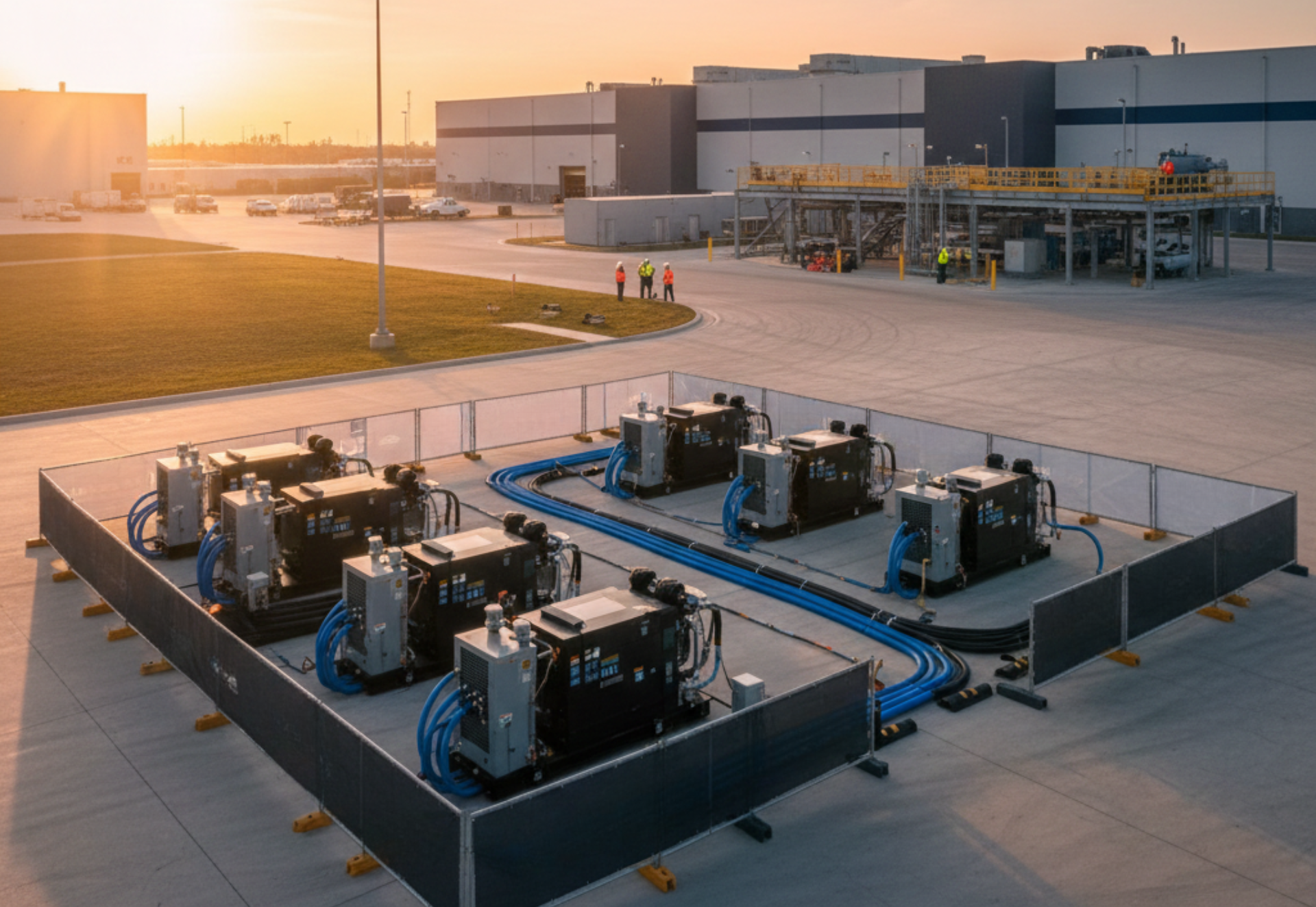 Array of generators on a raised platform, connected by blue pipes, near a large building.