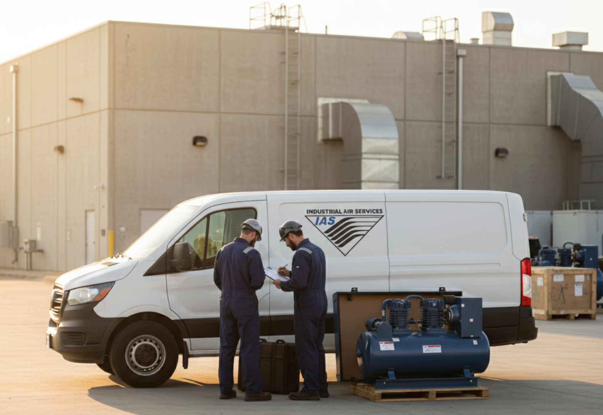 Two workers in blue uniforms examine paperwork near a white service van, an industrial building, and equipment.