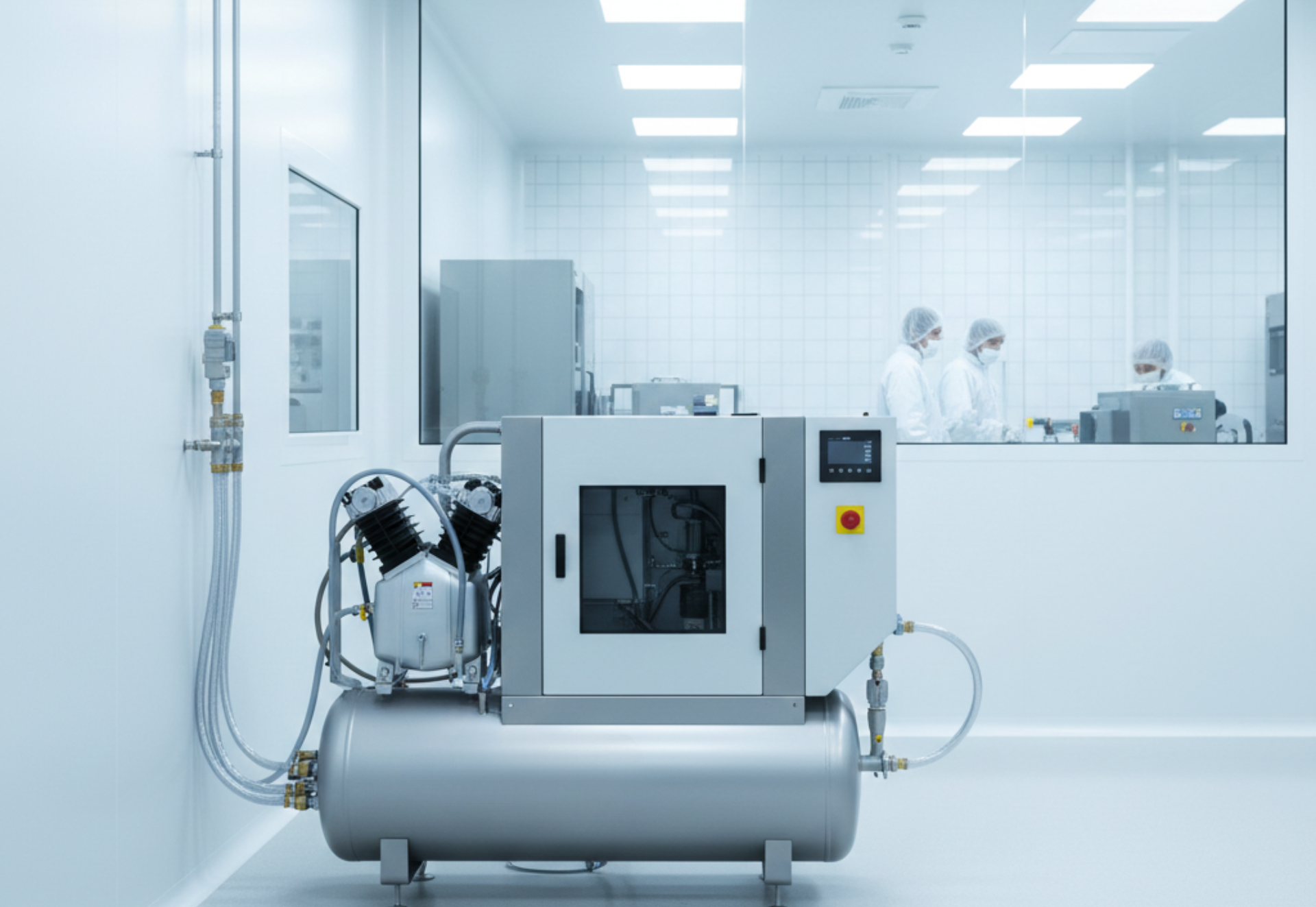 Air compressor in cleanroom with workers in the background, blue-toned.