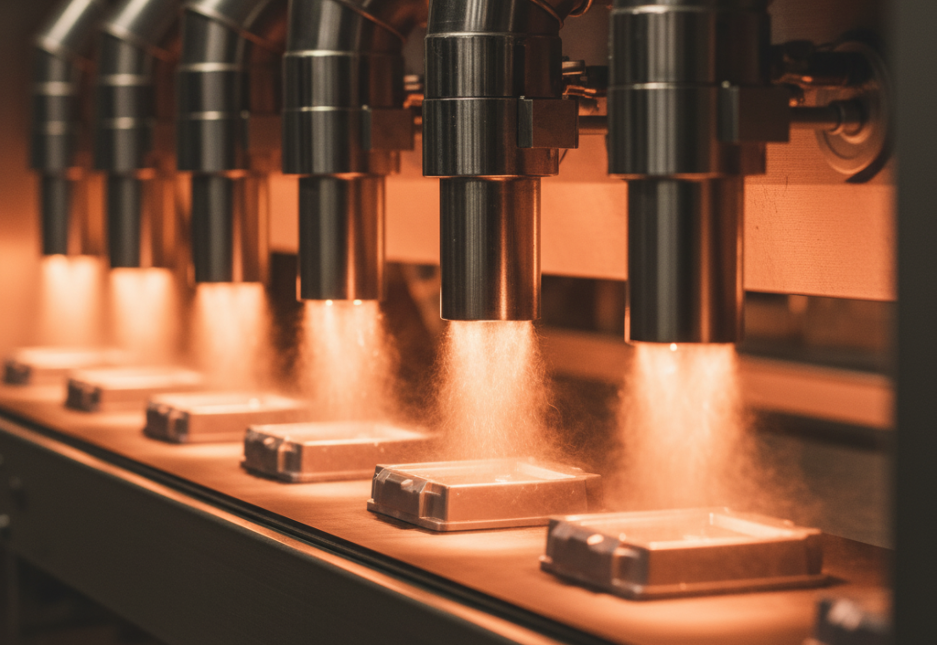 Automated industrial process: metal spray nozzles coating boxes on a conveyor belt, glowing orange.