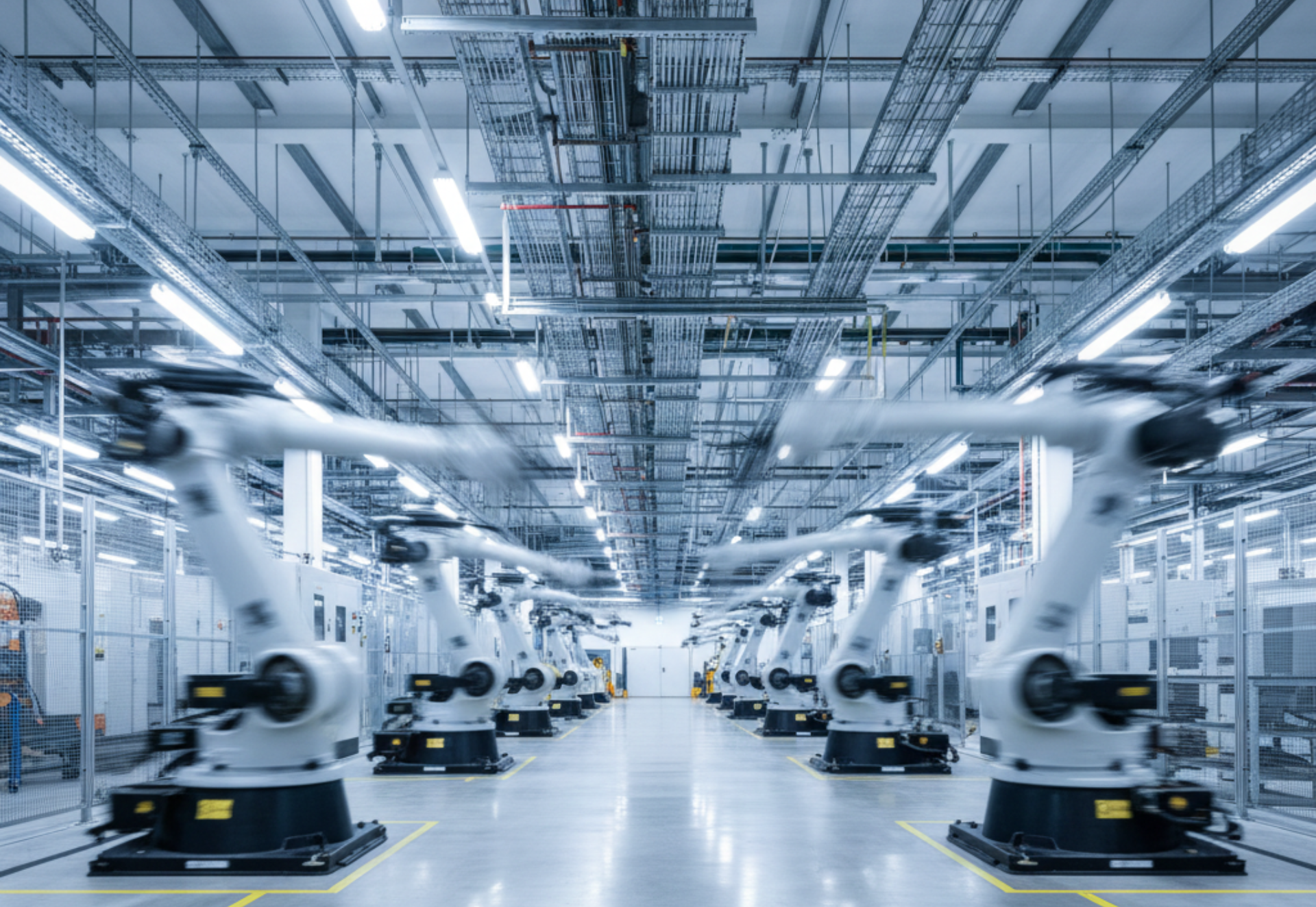 Robotic arms in a manufacturing plant, blurred motion, bright overhead lights, industrial setting.