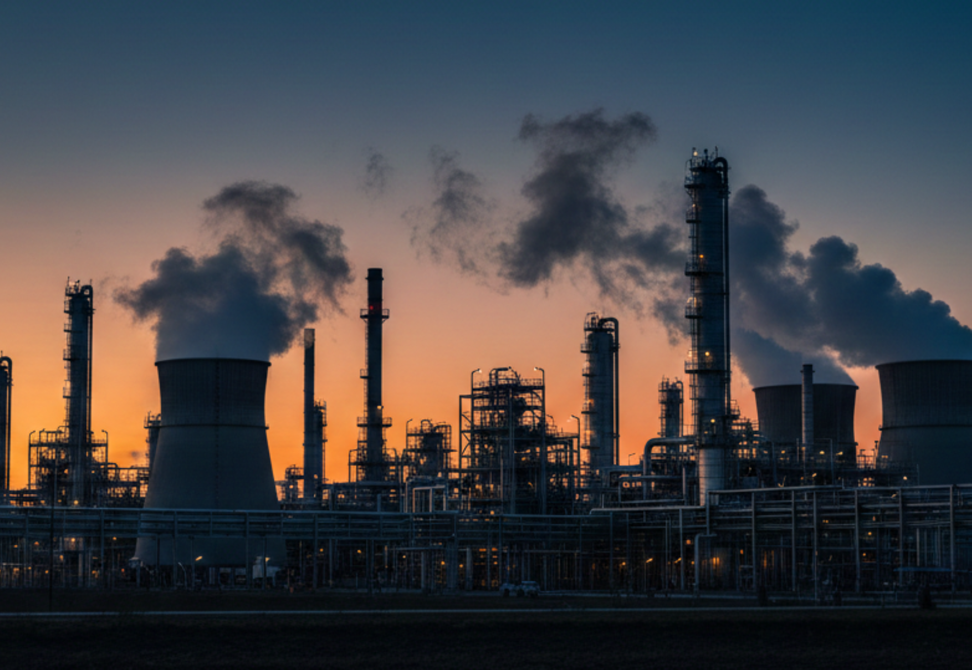 Silhouette of an industrial oil refinery at sunset, smoke billowing from stacks against an orange and blue sky.